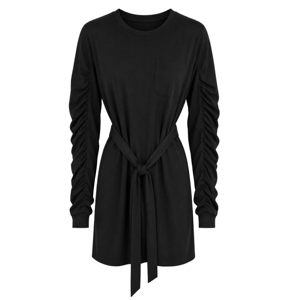 Cupshe Black Dress Women's Sz Small Belted Ruched Mini Dress Long Puff Sleeve